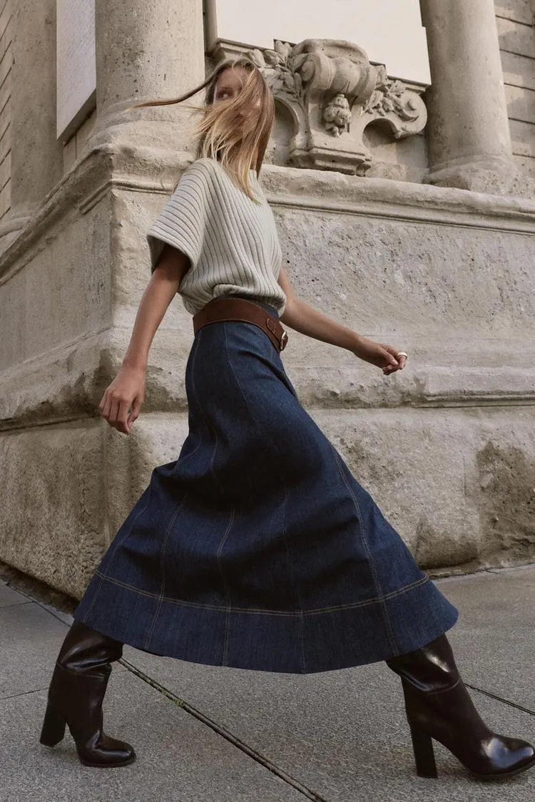 Z1975 BELTED DENIM MIDI WRAP SKIRT