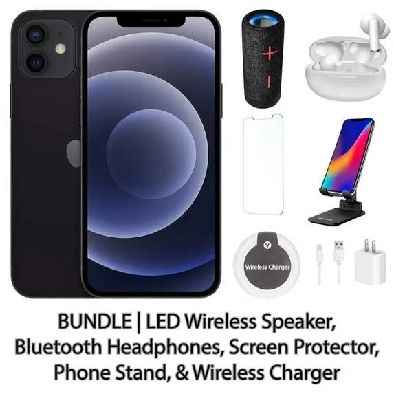Restored Apple iPhone 12 128GB Black Fully Unlocked Bundle: LED Wireless Speaker, Bluetooth Headphones, Screen Protector, Wireless Charger, & Phone Stand (Refurbished)