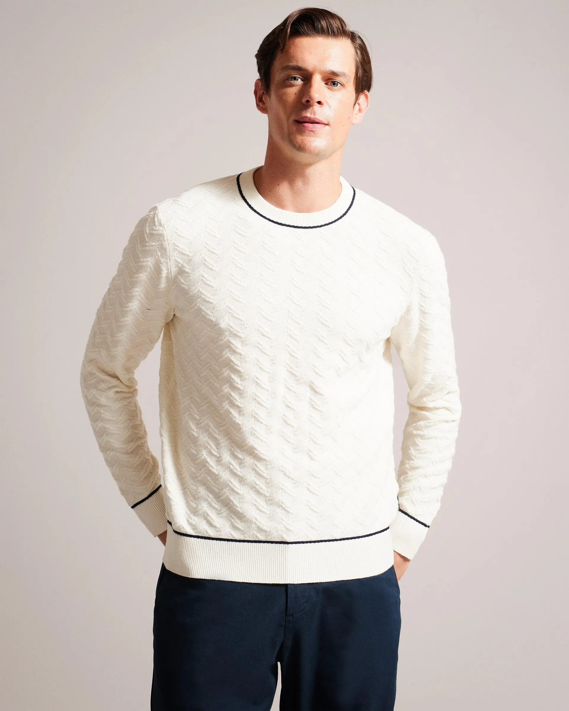 Sepal Ls Regular Textured Crew Neck Ecru