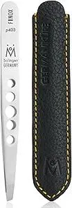 GERMANIKURE Professional Perforated Slanted Tweezers - FINOX Stainless Steel Sharp in Leather Case - Ethically Made in Solingen, Germany - 4403