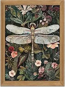 Framed Vintage 3D Textured Wall Art - Dark Green Dragonfly Flowers Wall Decor - Hand Drawn Sandstone Nature Botanical Pictures for Living Room Bedroom Home Decor 12x16in