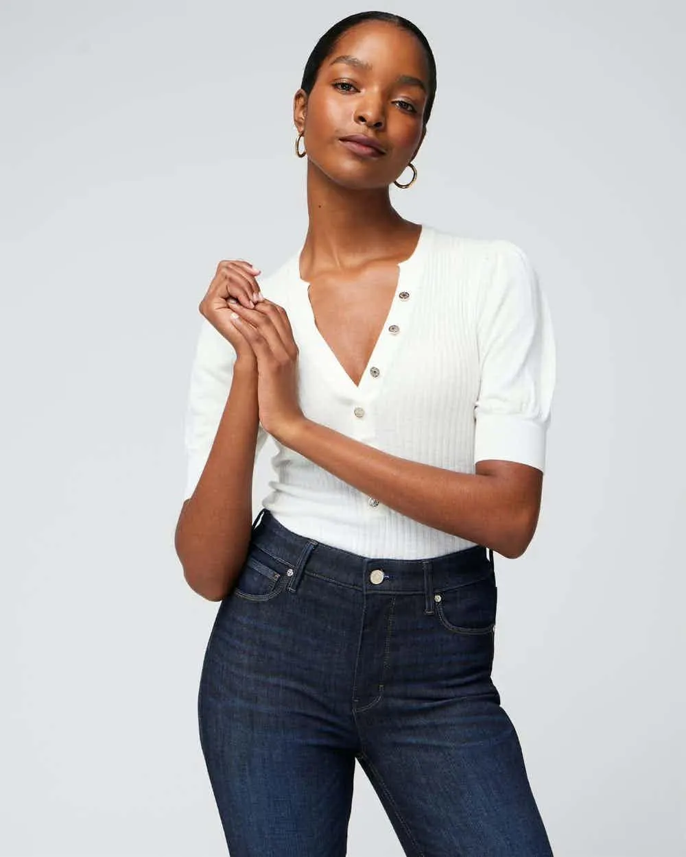 Elbow Sleeve Cashmere Blend Puff Henley Sweater