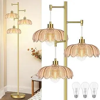 Gold Floor Lamps for Living Room 3 Lights Floor Lamp with Glass Lampshape & Three Led Bulb,Mid Century Standing Lamp Vintage Brass Tall Lamp Tree Floor Lamp for Bedroom Corner