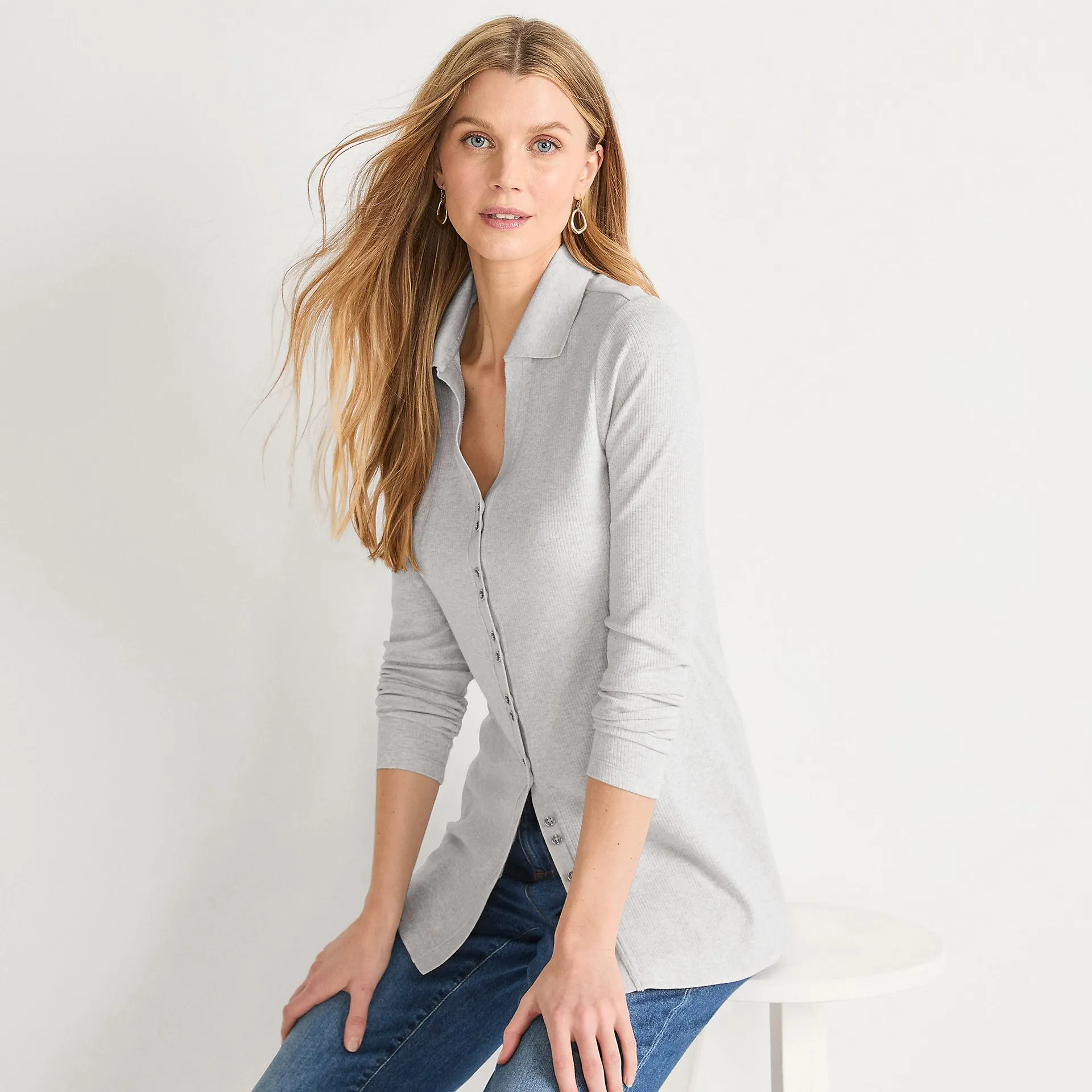 Women's Long Sleeve Polished Rib Button Through Tunic Shirt
