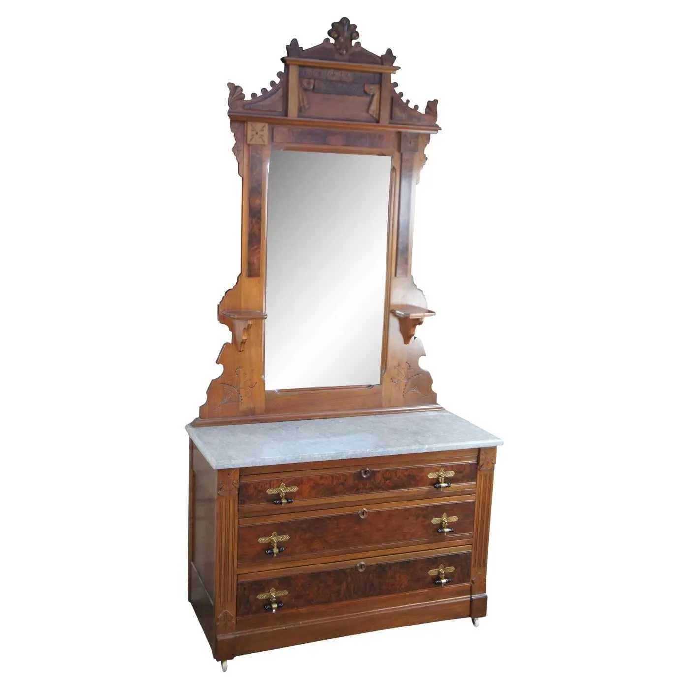 Antique Victorian Renaissance Revival Walnut Burl Marble Top Dresser & Mirror
