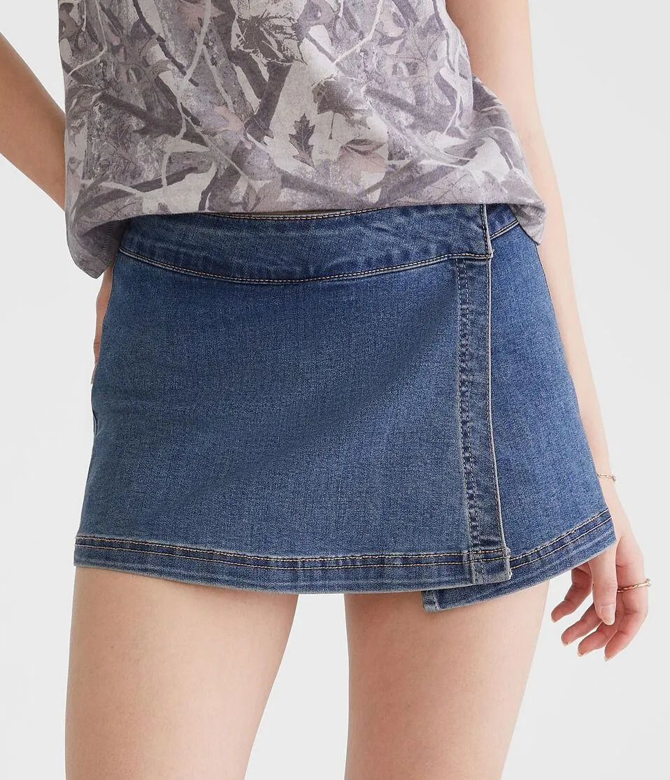 Low-Rise Denim Wrap Mini Skort