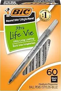 BIC Round Stic Xtra Life Black Ballpoint Pens, Medium Point (1.0mm), 60-Count Pack of Bulk Pens, Flexible Round Barrel for Writing Comfort, No. 1 Selling Ballpoint Pens