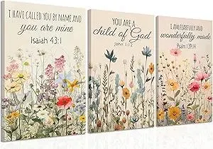 3Pcs Christian Floral Scripture Canvas Wall Art, Wildflower Bible Verse Posters Wall Decor, Psalm Religious Faith Art Pictures Prints for Living Room Bedroom Decorations 12x16in Framed