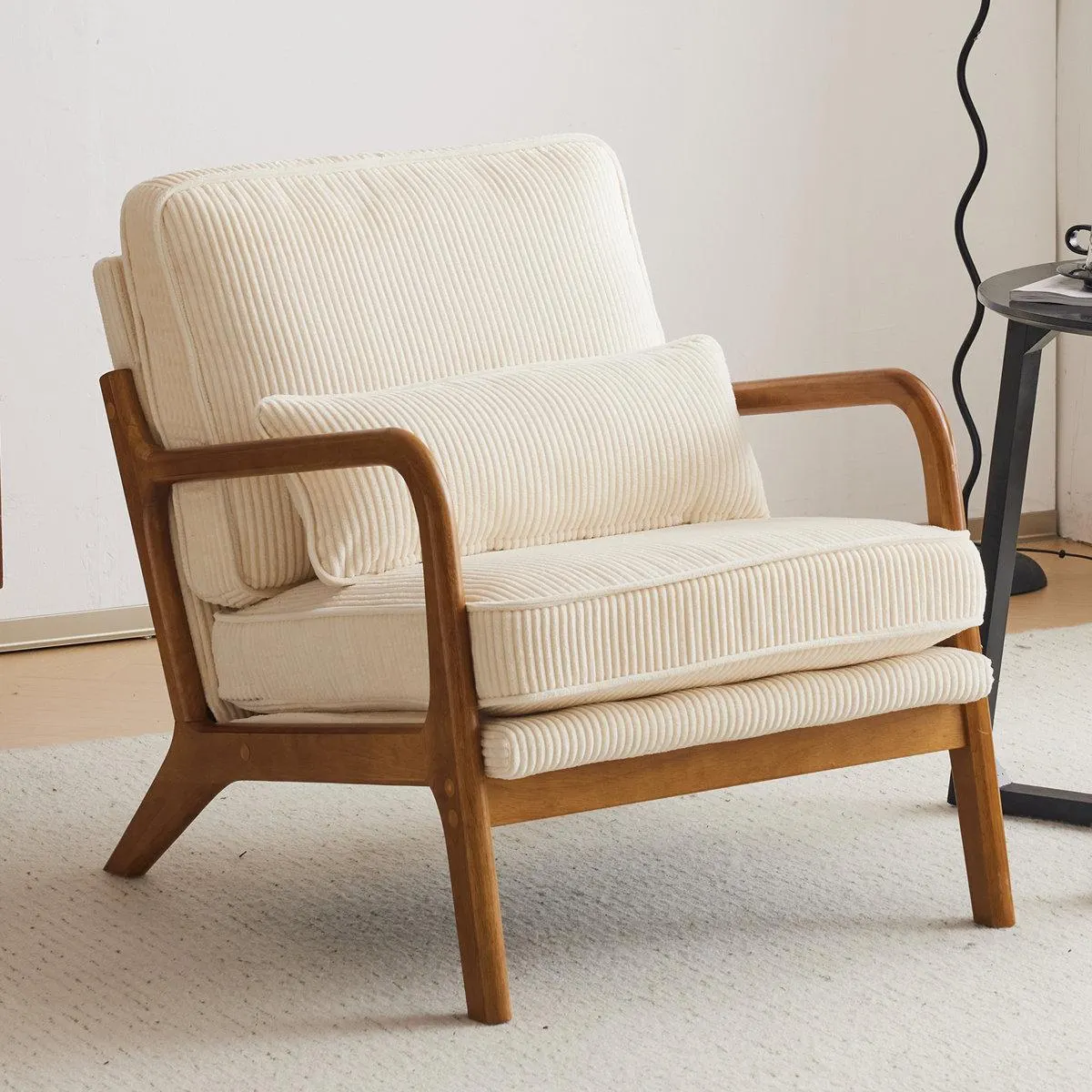Lemley Mid Century Solid Wood Accent Chair Upholstered Armchair with an Extra Pillow