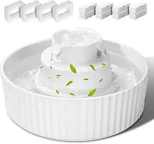 Ceramic Cat Water Fountain, 2.1L/70oz Porcelain Pet Drinking Dispenser with 4 Set Replacement Filter & Sponge, Automatic Dog Water Bowl with Ultra-Quiet Pump, Cat Feeding Watering Supplies(White)