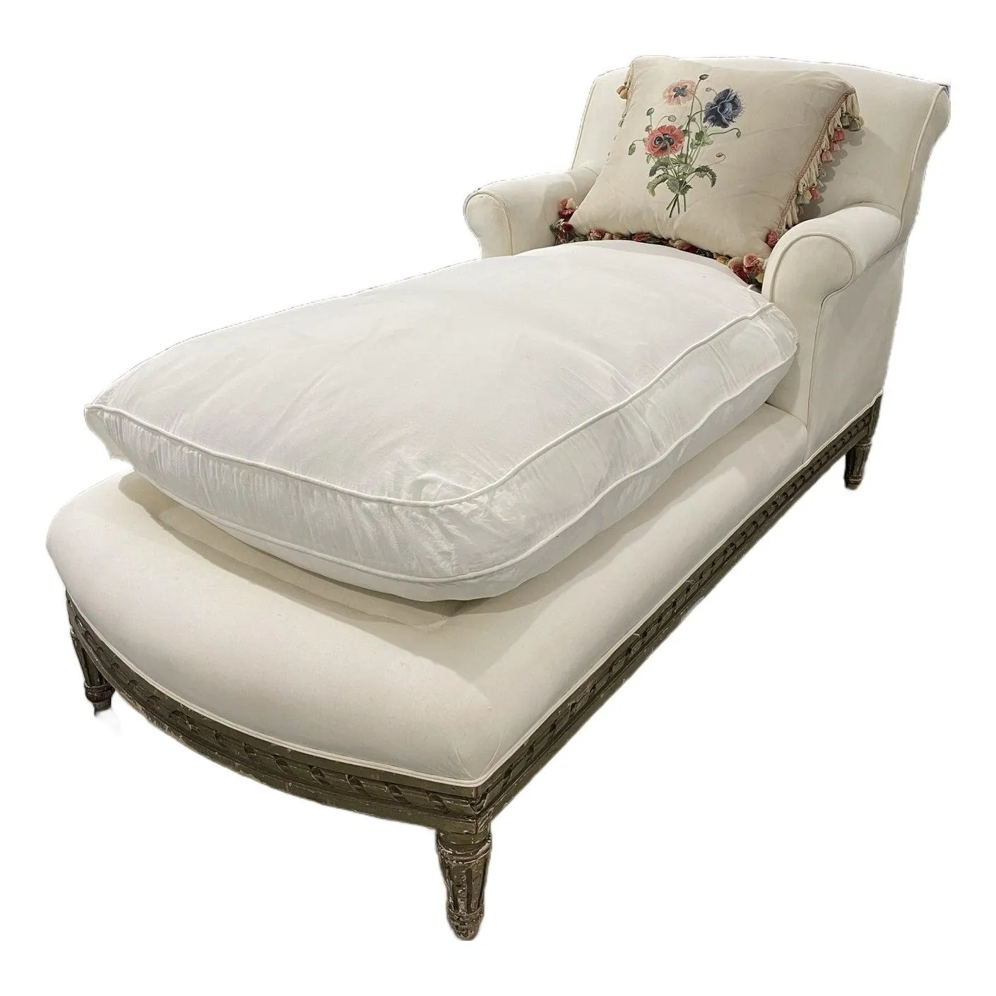 Vintage French Style Chaise With Distressed Carved Frame and Ivory Upholstery