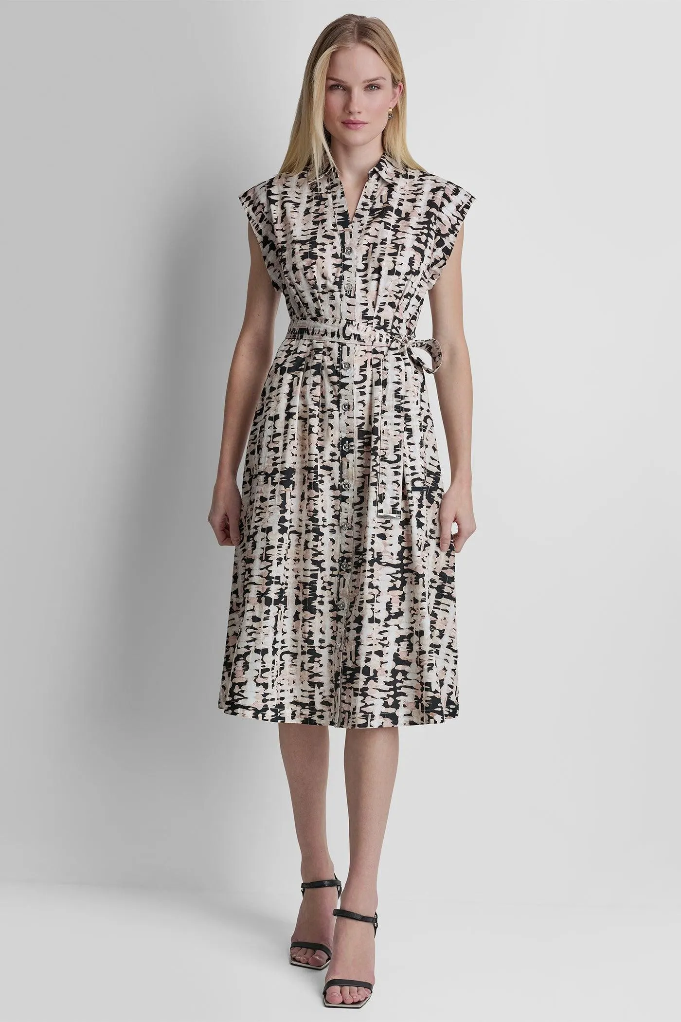 CAP-SLEEVE MIDI SHIRT DRESS