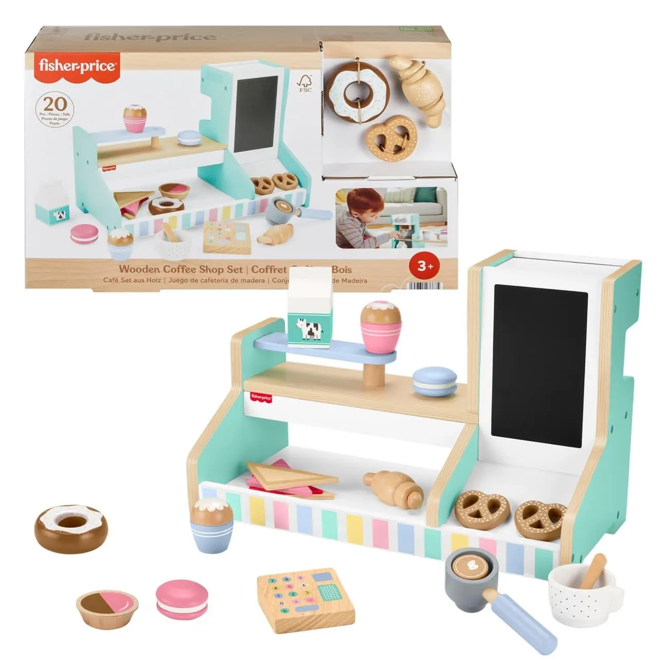 Fisher-Price Wooden Coffee Shop Set For Preschool Pretend Play, 20 Wood Pieces