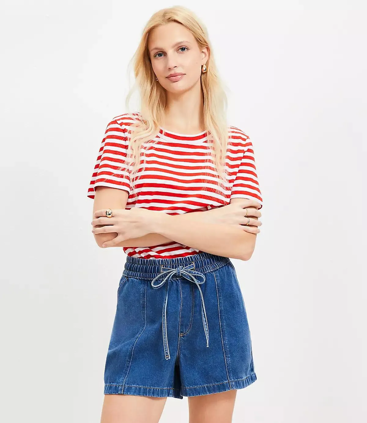 High Rise Drawstring Denim Shorts in Classic Mid Wash