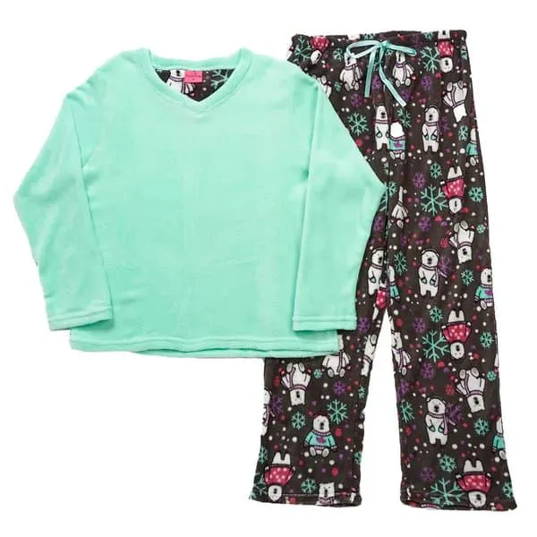 Womens Pink Laundry Folded Polar Bears Plush Pajama Set - Aqua