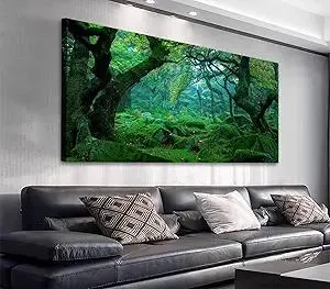 Green Forest Canvas Wall Art Living Room Decoration Big Trees Nature Picture Large Modern Canvas Artwork Contemporary Woods Mossy Rock Spring Season Prints for Office Home Decoration 20" x 40"