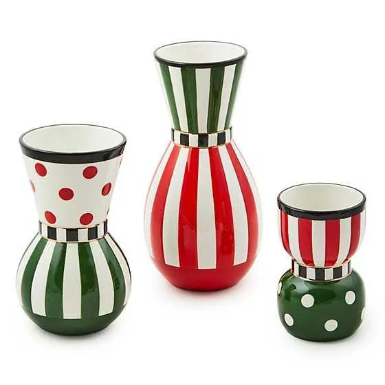 Red & Green Ceramic Vases, Set of 3