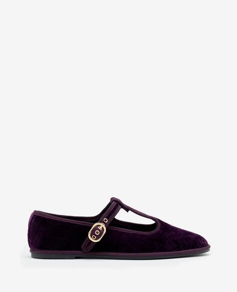 Verona Velvet T-Strap Mary Jane Flat - PLUM VELVET