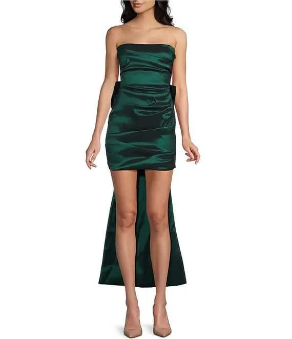 Strapless Taffeta Bow Back With Detachable Train Mini Dress
