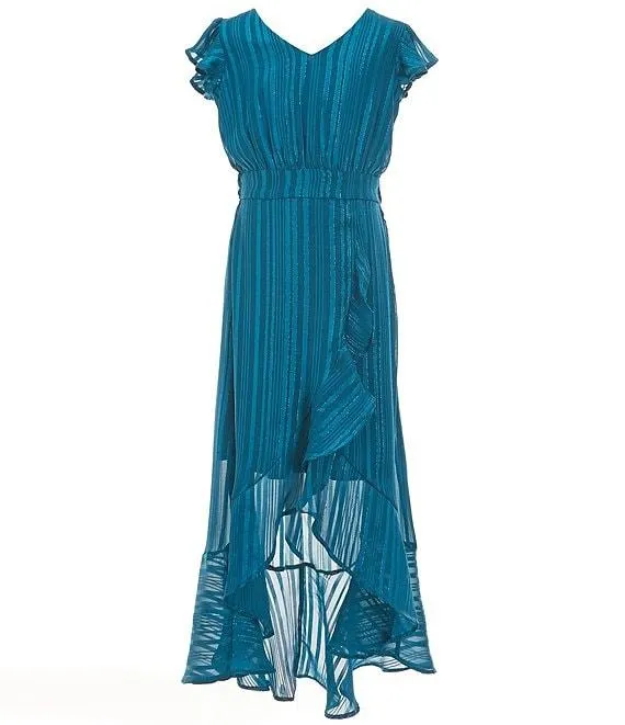 Big Girls 7-16 Flutter-Sleeve Striped Satin Long Dress