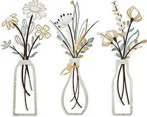 Pigort 3 Pieces Metal Flowers Wall Arts - Rustic Farmhouse Decor Beige Minimalist Flower Wall Decors for Living room Bathroom Bedroom Dining Room-Housewarming Gifts (Beige, Vase-C)