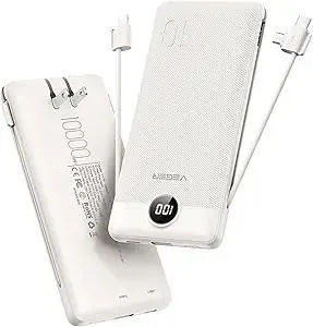 VEGER Portable Charger with Built-in AC Plug and Cables, All in One 10000mAh Ultra-Slim Power Bank, 15W Fast Charging for iPhone, Samsung, Android, Travel Essential (Coffee)