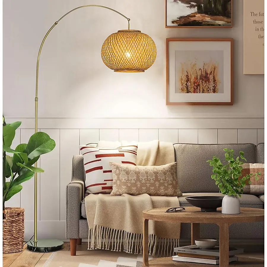 AloaDecor Lighting 75-in Antique Brass Arc Floor Lamp with Rattan Shade