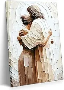 Jesus Embracing Woman Canvas Wall Art, Safe in His Arms Pictures Canvas Print Posters Wall Decor, Christian Wall Art Home Decor for Living & Prayer Room 12x16 inch Framed
