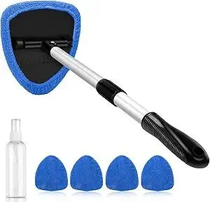 AstroAI Windshield Cleaner Tool, Car Interior Detailing Cleaning Kit with Extendable Handle and 4 Reusable Microfiber Pads, Auto Glass Wiper Brush Kit for Cars, Blue，15.9in-21in