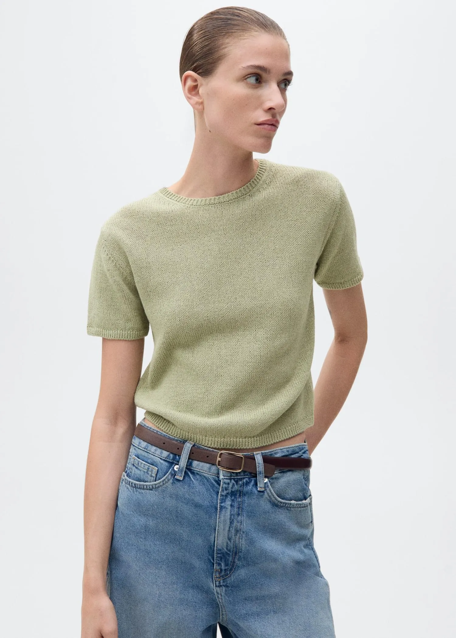 Short-sleeved knitted cotton sweater