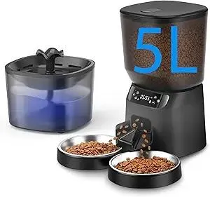 Automatic Cat Feeder and Water Fountain, 5L/20 Cups Timed Cat Dry Food Dispenser, 10s Meal Call, 20 Portions 6 Meals Per Day, 2L Cats Fountains for Drinking with Filter, Pet Feeder for Dog Black
