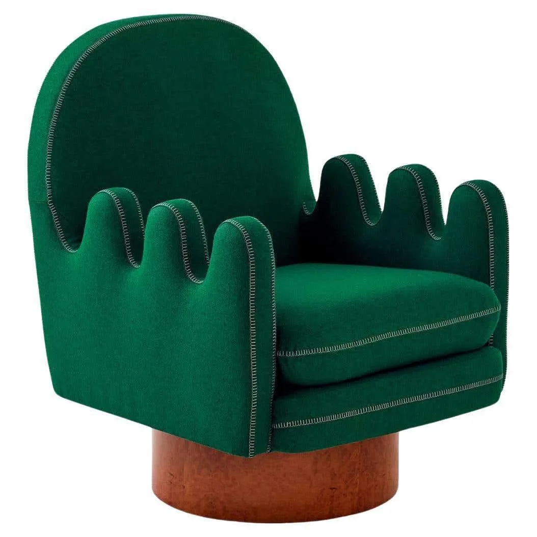 Semo Armchair in Green by Merve Kahraman, Burl Wood Upholstery White Stitching