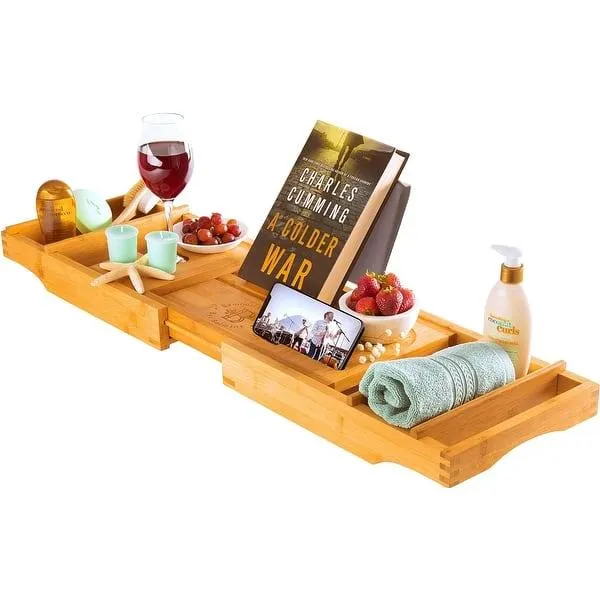 Luxury Bamboo Bathtub Tray Caddy - Expandable and Nonslip Bath Caddy with Book/Tablet and Wine Glass Holder, Gift for Him or Her