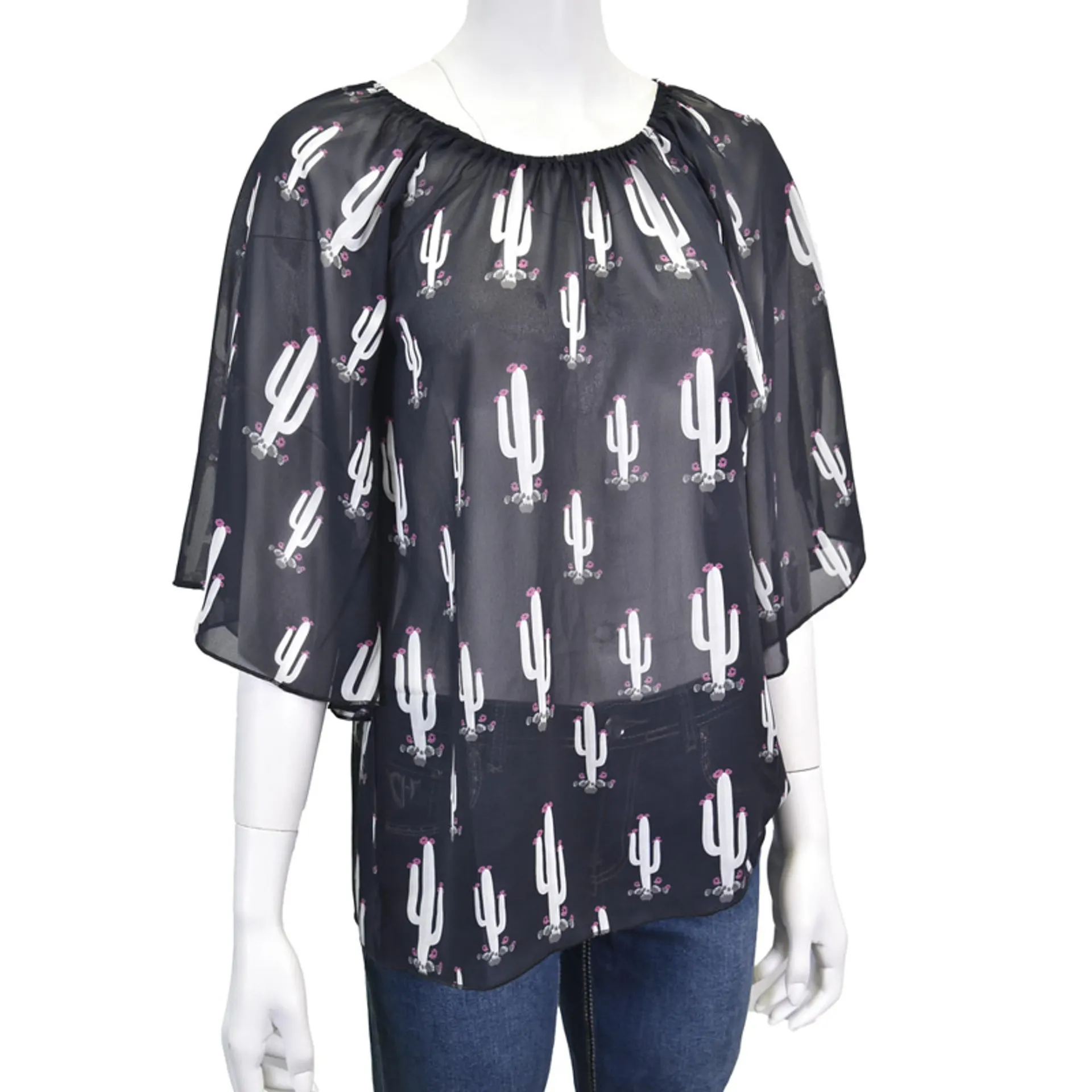 Cowgirl Hardware Women's Black & White Saguaro Cactus Print 3/4 Bell Sleeve Chiffon Top