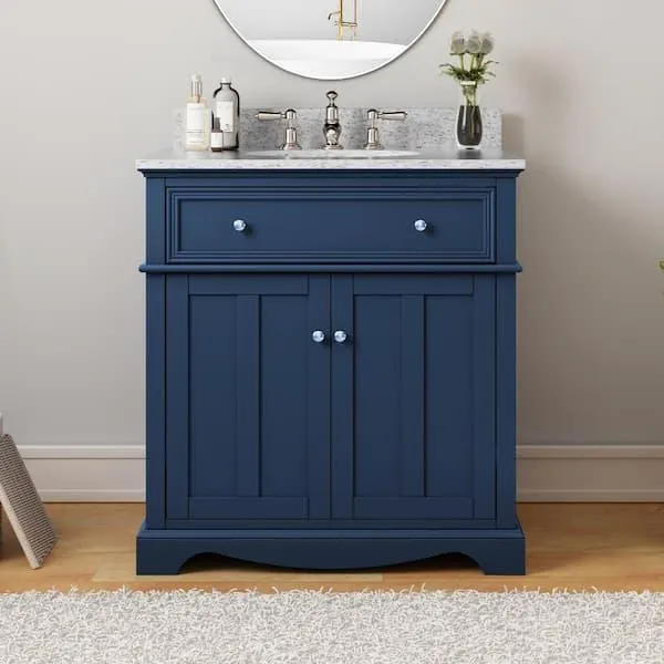 Fremont 32 in. Single Sink Navy Blue Bath Vanity with Grey Granite Top (Assembled)