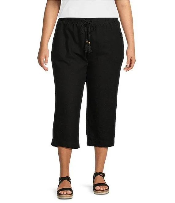 Plus Size Linen Blend Crop Pull-On Pants