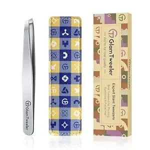 Expert Slant Tip Tweezers with Leather Case, GlamTweeler Sharp & Precision Stainless Steel Tweezer for Eyebrows, Facial Hair and Fine Hairs Removal (Silver)