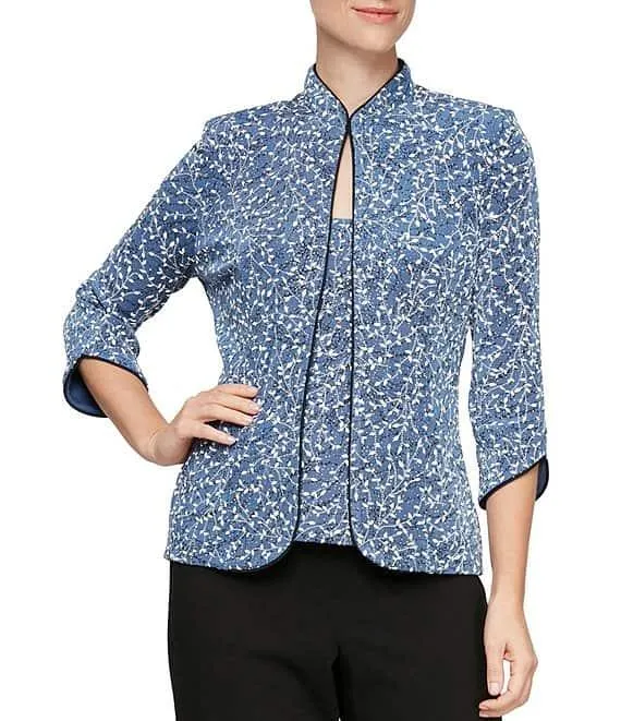 Mock Neck 3/4 Sleeve Piping Glitter Embellished Printed 2-Piece Twinset