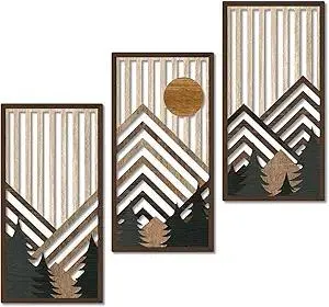 Putuo Decor Boho Mountain Wall Art Set of 3, Rustic Wooden Wall Decor, Nature-Inspired Geometric Artwork, Mid-Century Modern Aesthetic for Living Room, Bedroom, Office Brown 16.5 x 8.6 inch