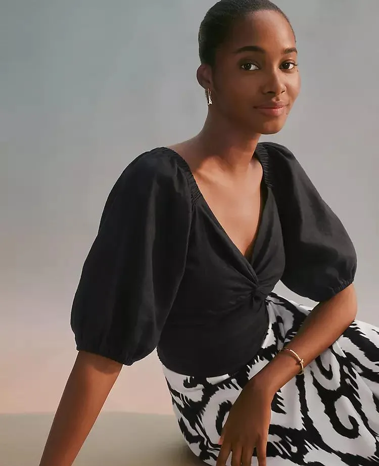 Linen Blend Knotted Tie Back Blouse