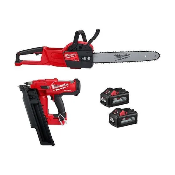 M18 FUEL 16 in. 18V Brushless Battery Electric Chainsaw w/3-1/2 in. 21-Degree Framing Nailer, Two 6Ah HO Batteries