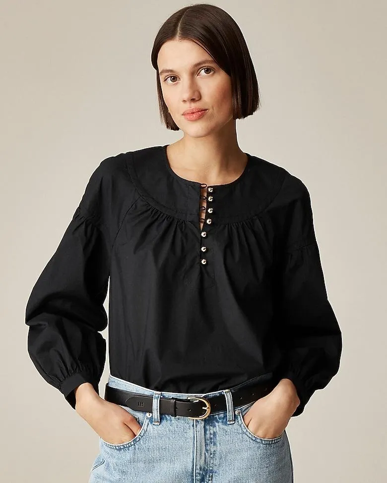 Shirred popover top in cotton poplin