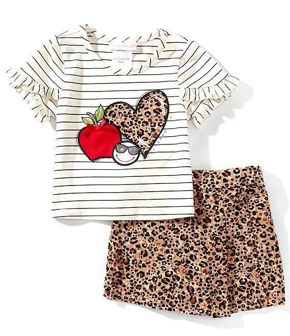 Little Girls Striped Short Sleeve Heart/Apple/Smiley Face Motif T-Shirt & Animal-Printed Skort Set