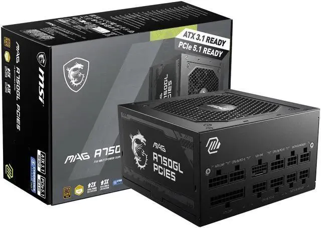 MSI - MAG A750GL PCIE5, 80+ GOLD Fully Modular Gaming PSU, 12V-2x6 Cable, ATX 3.1 & PCIE 5.1 Ready, 750W Power Supply, 10 Year Warranty