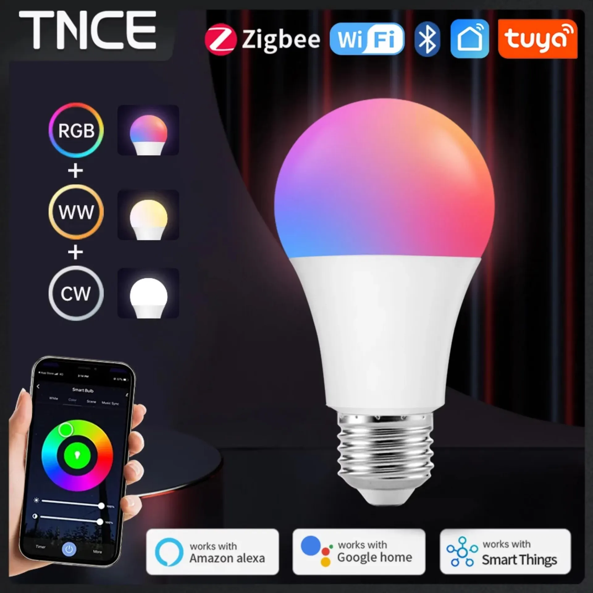 Bombilla inteligente TNCE Tuya con WiFi, Zigbee y Bluetooth, regulable, 100-240 V, E27, LED RGB, compatible con Alexa y Google Home.