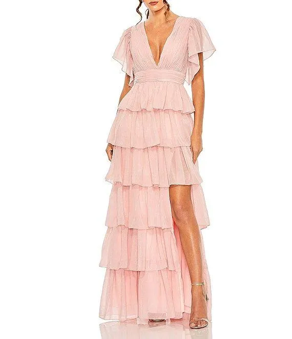 V Neckline Short Flutter Sleeve Tiered Gown