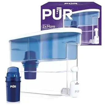 PUR 30-Cup Countertop Water Filter Dispenser, 1 Genuine PUR Filter, 2-in-1 Powerful Filtration, Lasts 2 Months or 40 Gallons, Dishwasher Safe, White/Blue (DS1800Z)