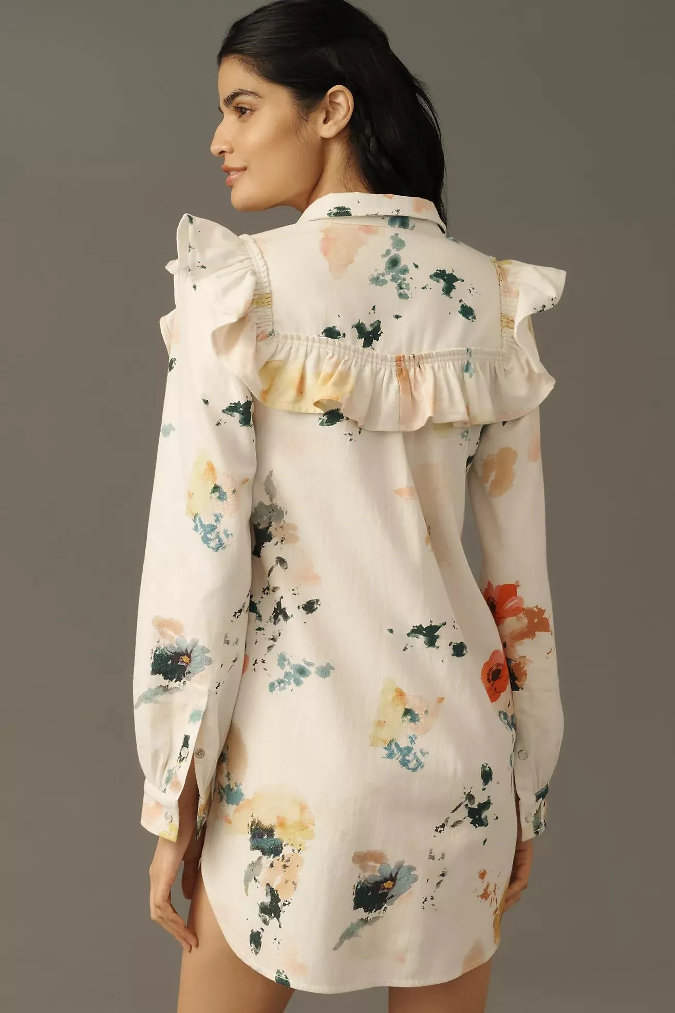 Pilcro Long-Sleeve Ruffled Denim Mini Shirt Dress