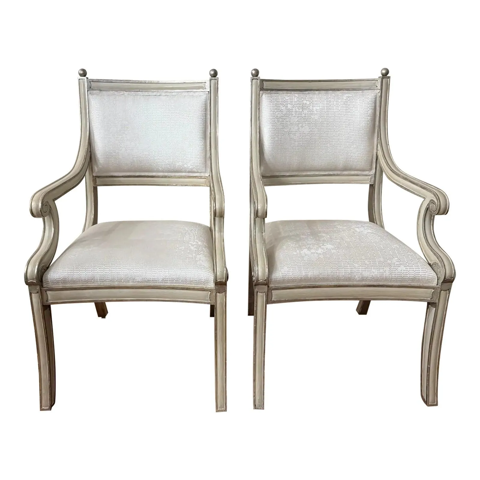 Custom Made Neoclassical Arm Chairs With Silver Gilding (A Pair)