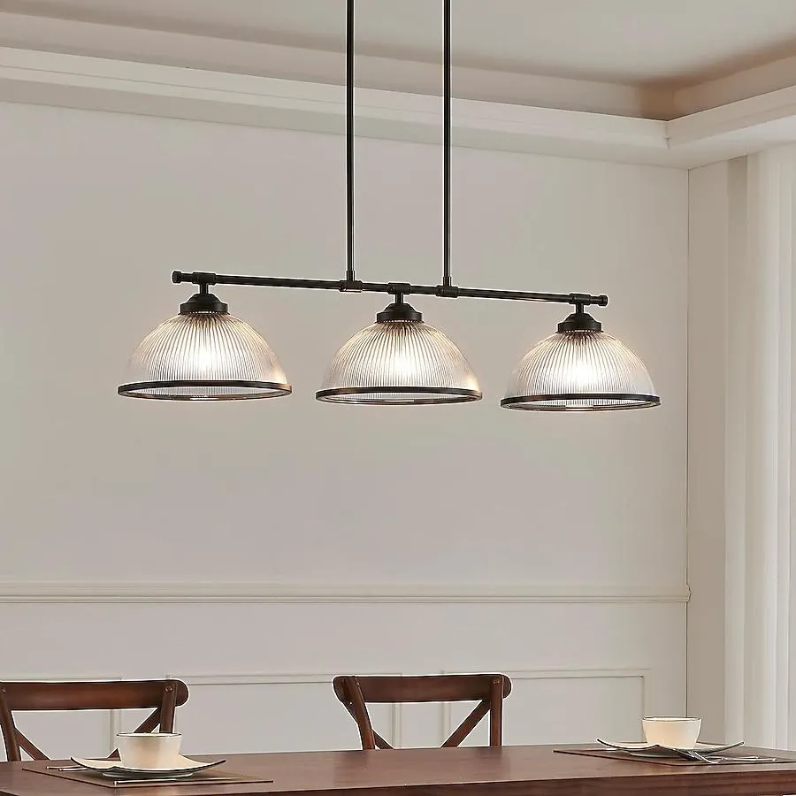 KAWOTI Caleb 3 -Light Black Industrial Ribbed glass Linear Large Hanging Kitchen island light